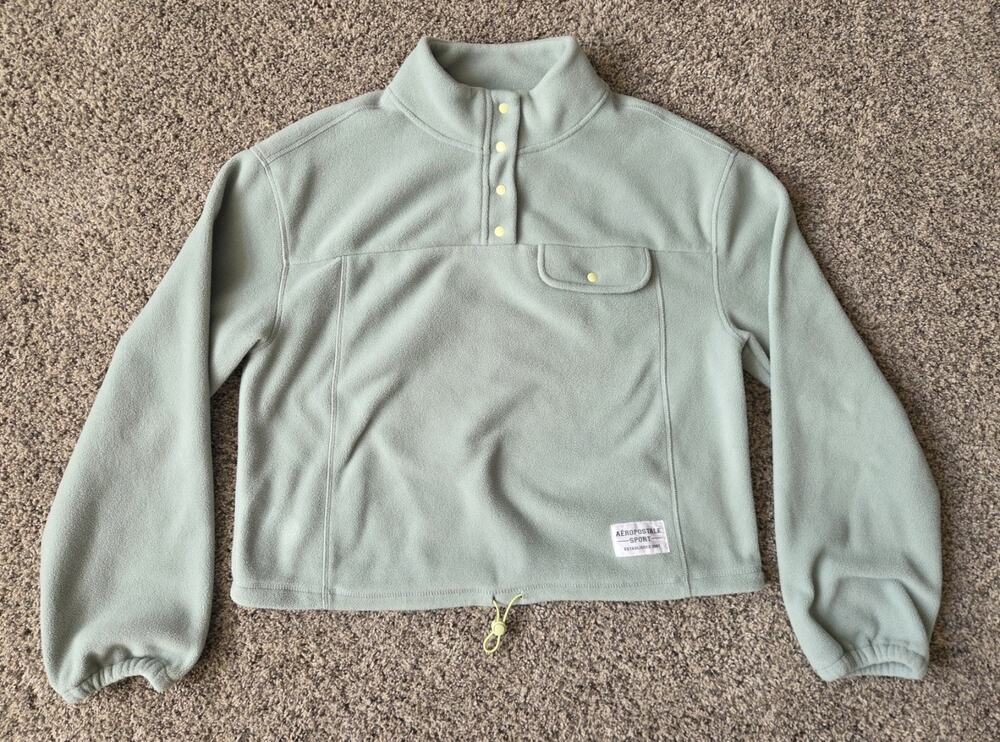 Aeropostale Sport Sage Mint Polar Fleece 1/4 Snap Cropped Pullover Size Large